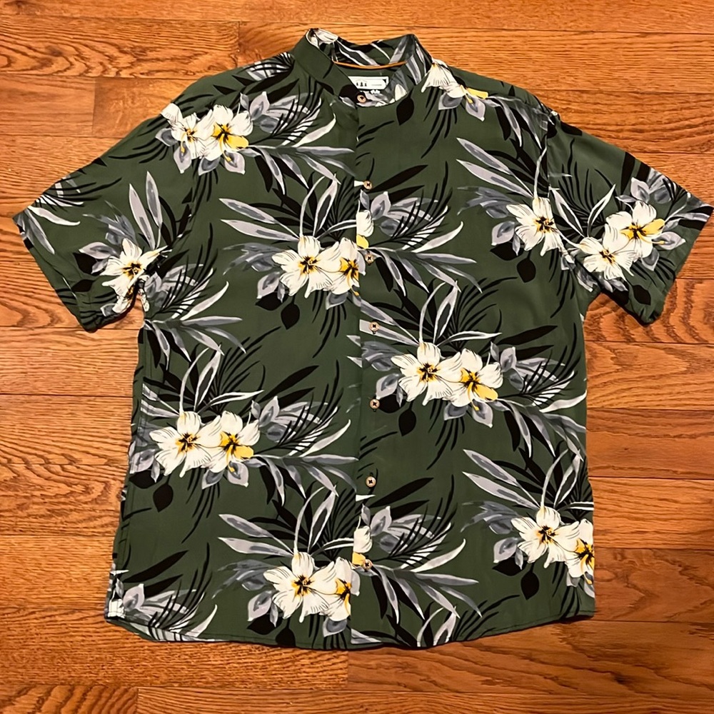 Oaktree Green Hawaiian Floral Button Down Banded Collar Men's Shirt, L (xxl)